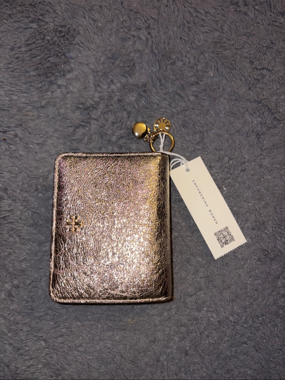 Tory Burch Metallic Rose Gold Card Holder with Charm